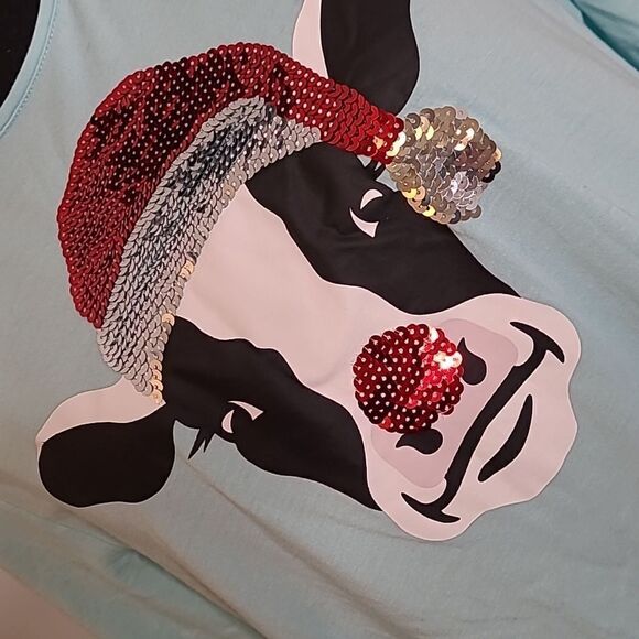 Lands End sz L sequined Santa Cow on light blue longsleeved T - Picture 2 of 8